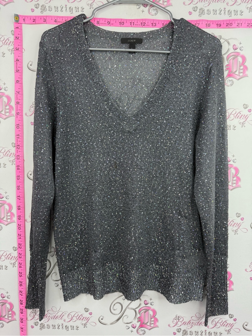 J. Crew sweater sequins sparkly rainbow Metallic Gray V-Neck Sweater